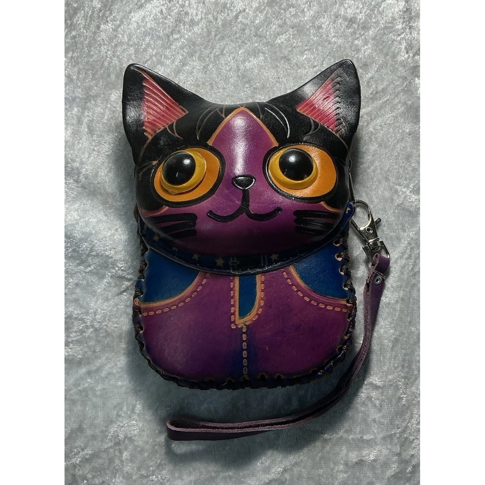 Hand Painted Leather 3D Cat Coin Purse Wristlet Purple Whimsical Kitty Zipper